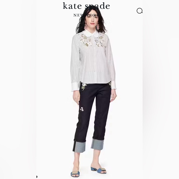 Kate Spade Tops - KATE SPADE Embroidered Ruffle Blouse Stripe Cotton Top XS Women’s